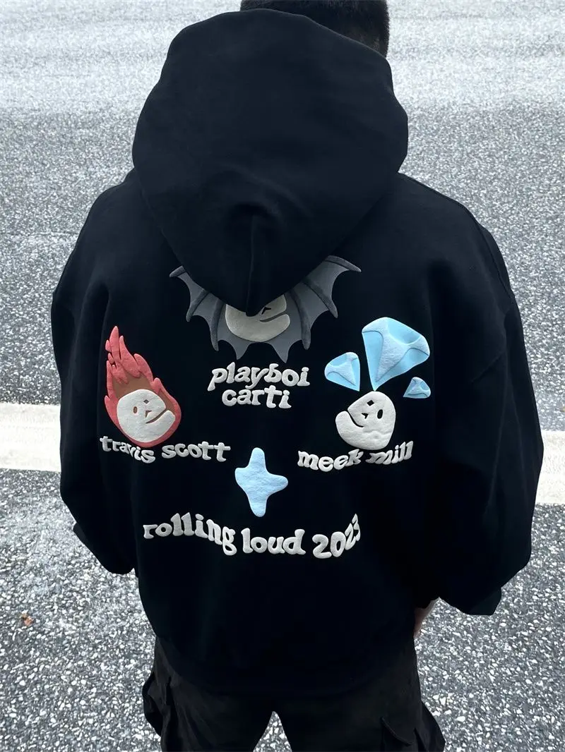 Europe and America High Street Retro Goth 3D Foaming Pattern Hoodie Men Y2k New Harajuku Hip Hop Popular Sweatshirt Unisex Tops