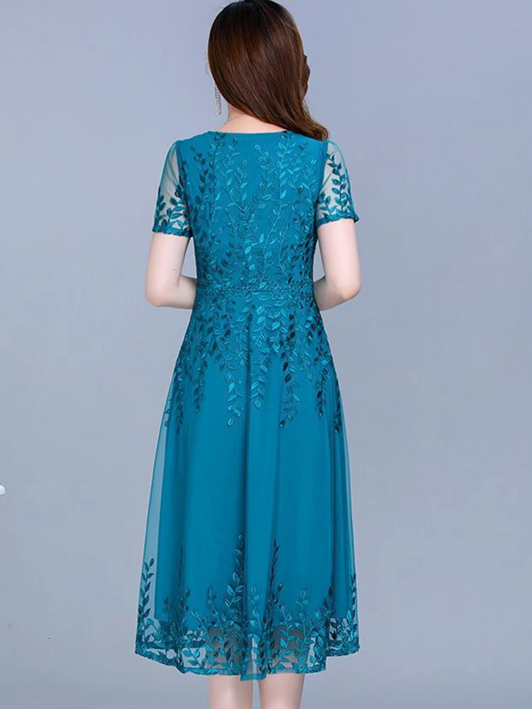 Blue Casual Chiffon Mesh Korean Long Dress Summer Women 2023 Tunics Midi Fashion Elegant Prom Evening Dresses Short Sleeve 240315