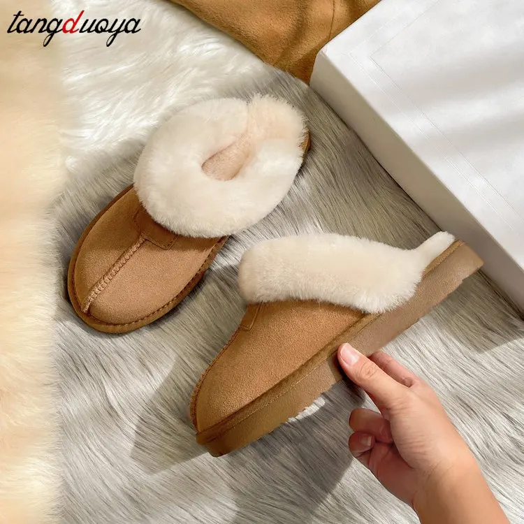 Women Winter Top Quality Natural Cowhide Home Slipper Winter Lady Indoor Soft Wool Fur Slippers Female House Warm Shoes