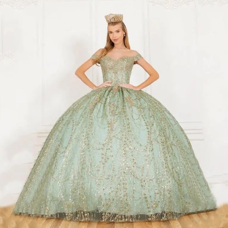 Sage Green Quinceanera Dresses 2025 Off The Shoulder Sweetheart Backless Lace-up Lace Ball Gowns Sweet 16 Vestidos de 15 Anos