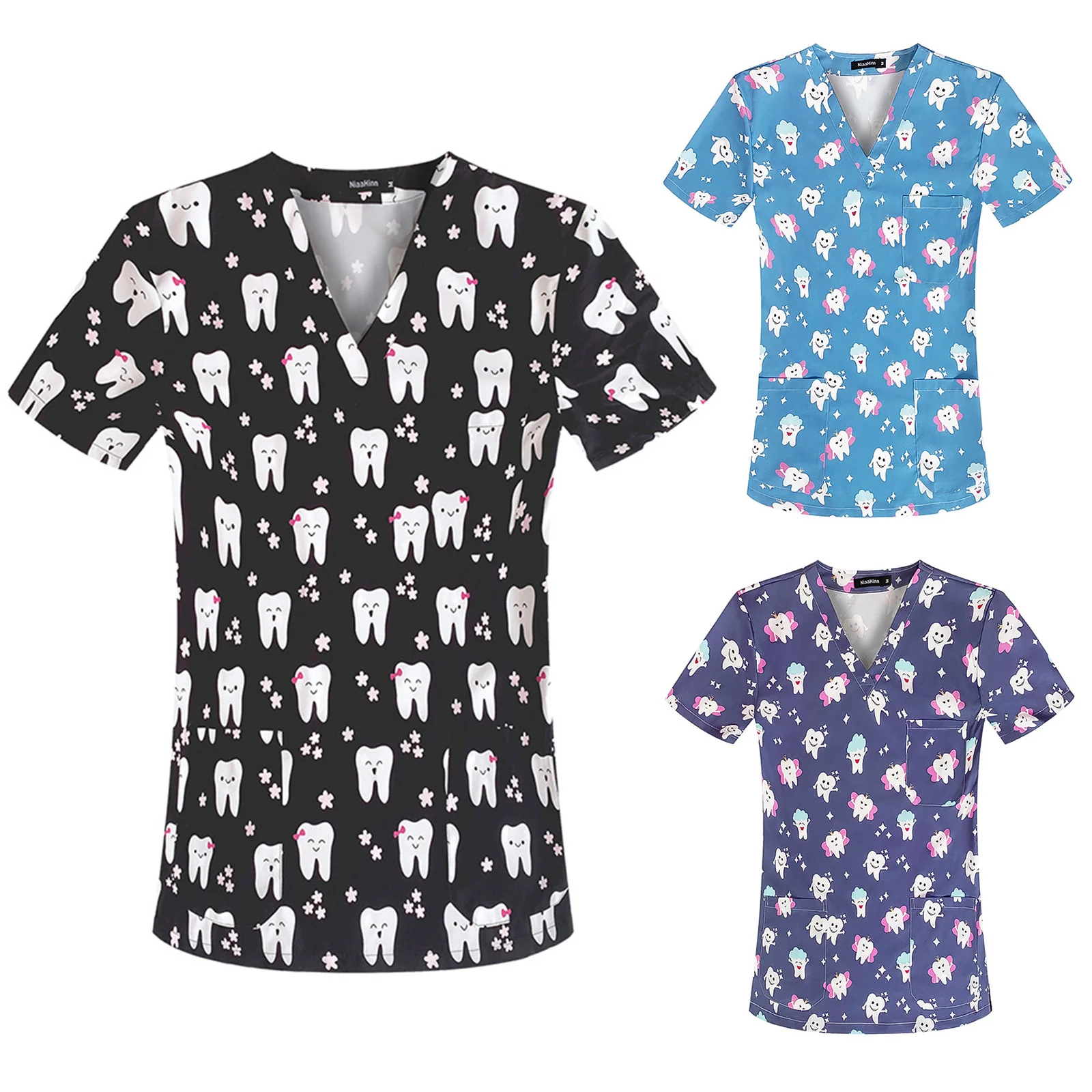 Teeth Print Hospital Working Uniforms Medcine Nursing v-neck blouse Dental 2025 clinic new Uniform Medical Nurse short sleeve Scrub Tops