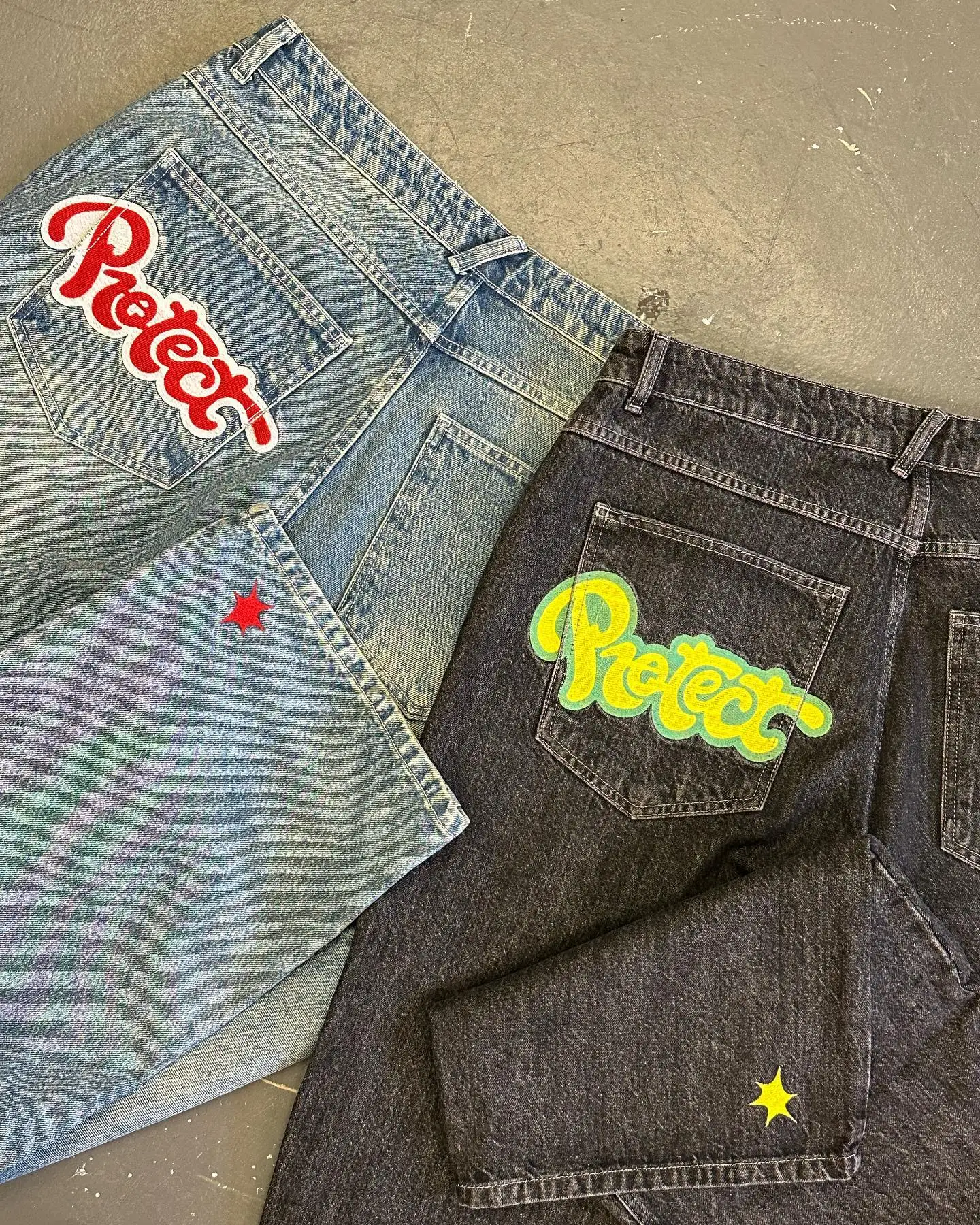 PROTECT Y2k New Hip Hop Cross Star Print Jeans Gothic Retro Baggy Blue Black Men Denim Pants Punk Straight Trousers Streetwear