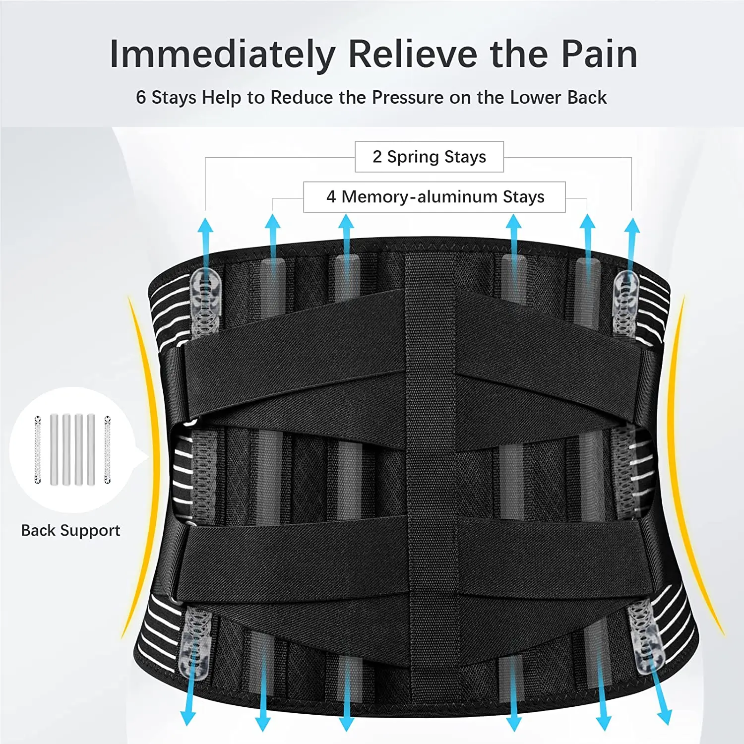 Back Braces for Lower Back Pain Relief with 6 Stays, Breathable Back Support Belt, Anti-skid lumbar support belt with 16-hole