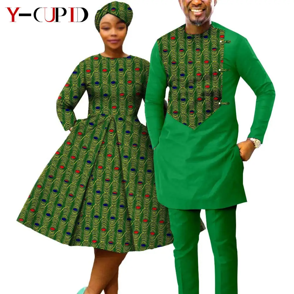 African Print Dresses for Women with Headwrap Matching Couple Outfits Dashiki Men Long Sleeve Pathwork Top and Pant Sets Y23C004
