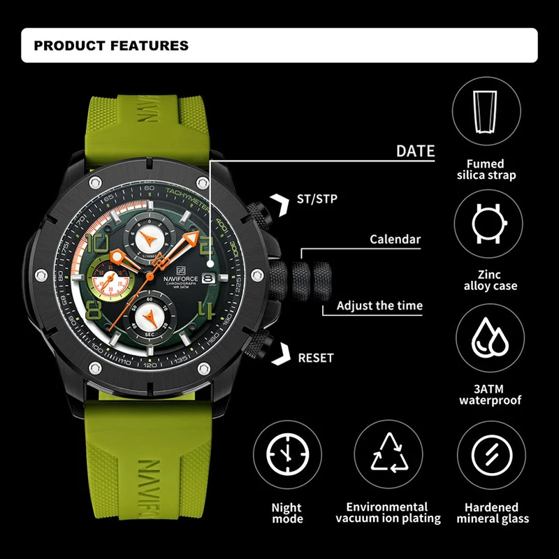 NAVIFROCE Men's Creative Quartz Chronograph Watches Top Brand High Quality Male Sports Clock Man Fumed Silica Strap Wrist Watch