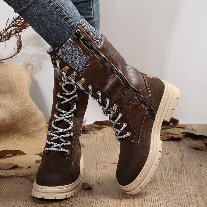 Patchwork Vintage Motorcycle Women Autumn Winter Lace Up Platform Mid Calf Boots New Woman Plus Size Non-Slip Riding Booties 92d3