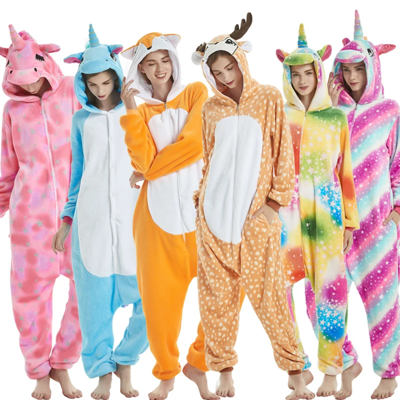 Adults Dinosaur Onesie Jumpsuit Stitch Pajamas Sleepwear Women Men Winter Animal Kigurumi Costume Kids Unicorn Flannel Pyjamas