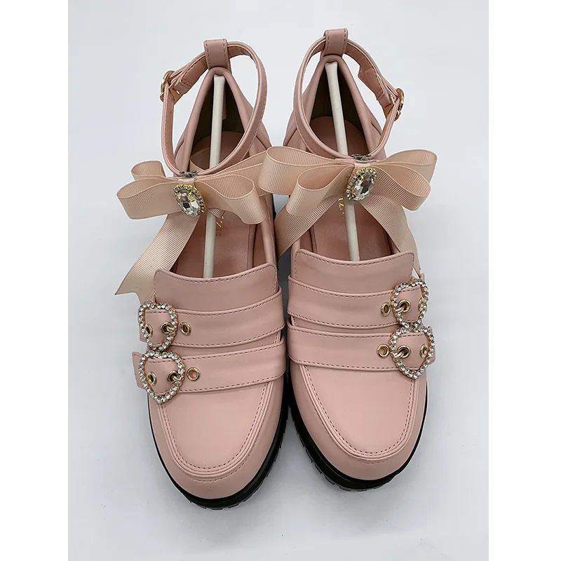 Japanese Spring and Autumn Heart Rhinestone Buckle Round Head Chunky Heel Women's High Heel Patent Leather Pump Shoes