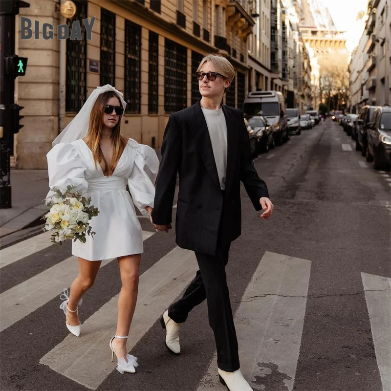 Elegant Short Wedding Dresses Women 2024 A-Line V-Neck Long Puff Sleeve Pleat Open Back Bridal Gown Above Knee Vestido De Noiva
