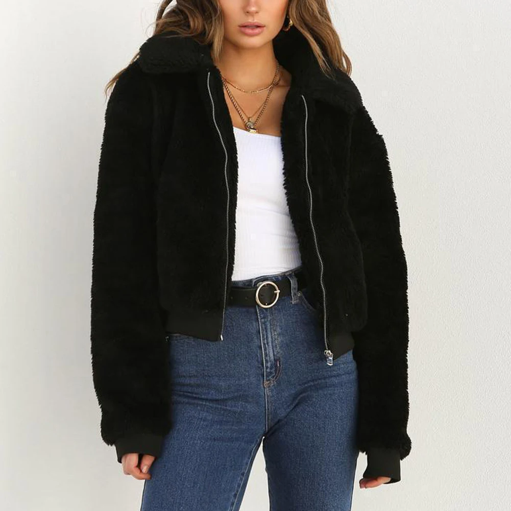 New Womens Autumn 2025 Winter Warm Thickened Faux Teddy Bear Fleece Coat Ladies Zip Up Jacket Outwear Plain new Lapel Solid Ladies Coats
