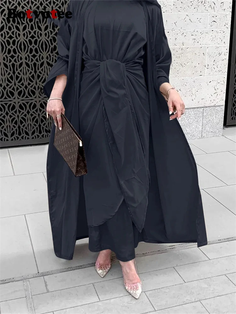Botvotee Solid 3 Piece Abaya Set for Women 2023 Casual Hijabs Kaftan Open Abaya Vintage Turkish Dubai Long Sleeve Muslim Sets