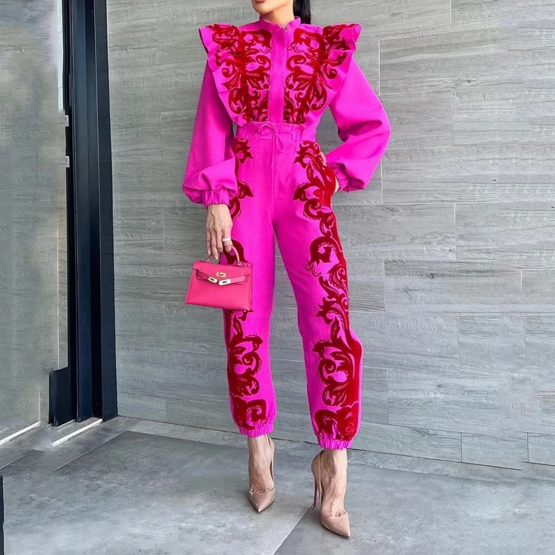 Wefads Women Two Piece Set Autumn Casual Printed Pleated Long Lantern Sleeve Zipper Top Drawstring Ruffles Lace Up Pants Sets