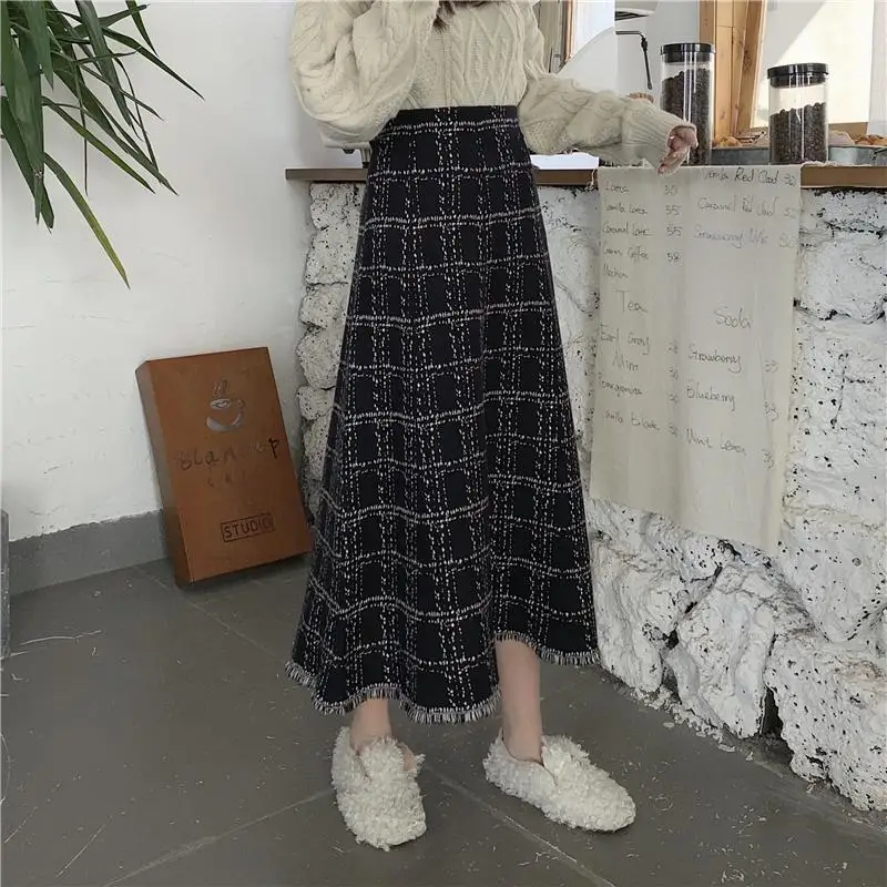 Korejepo Sweet Knitted Skirt Women Autumn Winter New A line Black Skirts Mid Length Umbrella Student Gentle Bottoms