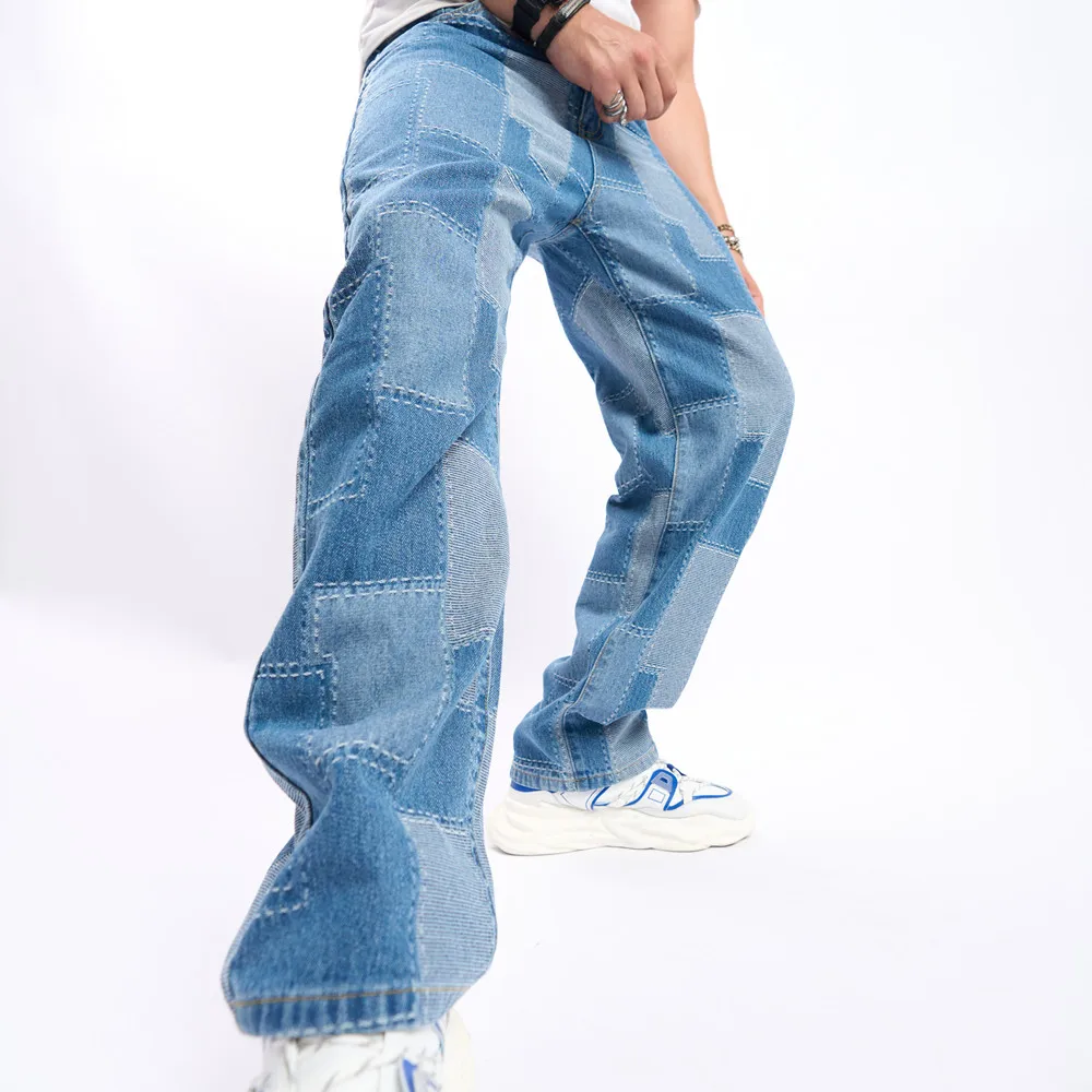 Men Loose Personalized Spliced Jeans High Quality Male Streetwear Straight Denim Pants