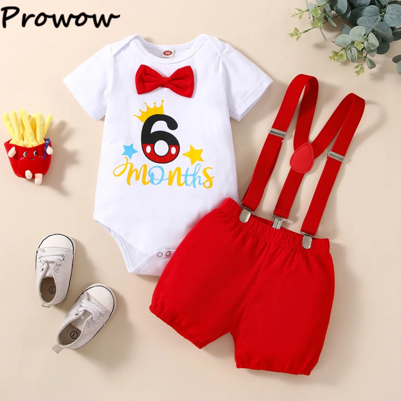 Prowow Half Birthday Clothes Baby 2025 Boys Set Letter Romper+Red Overalls Pants new 6 Months Birthday Cake Smash Outfits For Boy