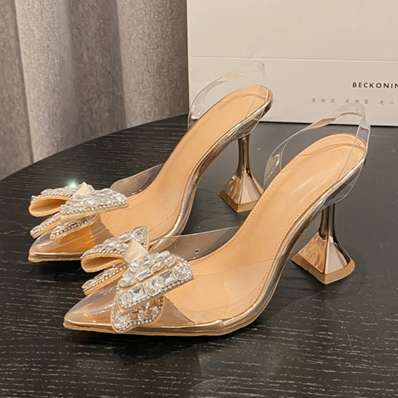 2025 new Eilyken Butterfly-knot Crystal Women Pumps PVC Transparent High Heels Shoes Sexy Pointed Toe Mules atos de mujer 5e01