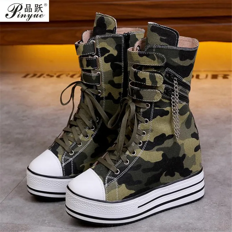 Brand New Chains High Heels Height Increasing Black Camouflage Gothic Style Skidproof Platform Casual Sneakers Shoes Boots Women