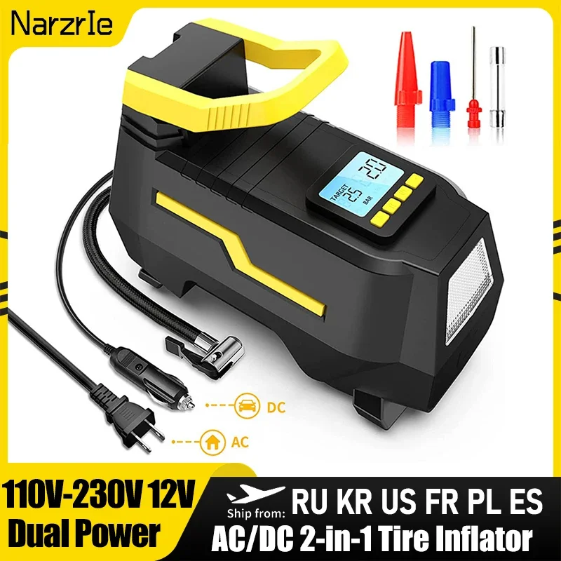 Car Tyre Inflator 110V-220V AC/DC 12V Air Compressor 2-in-1 Dual Power Portable Electric Air Pump for Car Vehicles Motorcycle