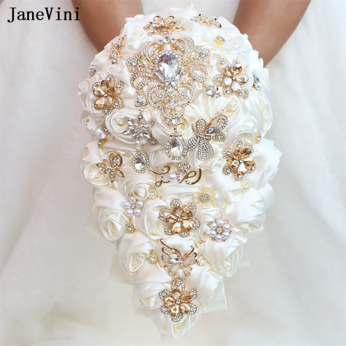 JaneVini new Rhinestones Waterfall Bridal Bouquets Artificial Ivory Satin Roses Flowers Cascading Wedding 2025 Bouquet Accessories