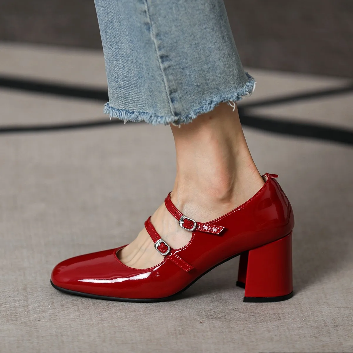 Women Pumps Mary Jane SquareToe Spring Atumn Patent Leather Pumps Two Straps Med Heel Elegant Women Round Toe Shoes
