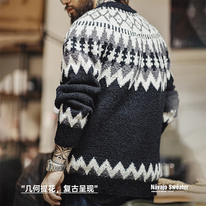 Maden Vintage Heavyweight Icelandic Sweater Round Neck Fair Isle Jacquard Knit Pullover 2023 Autumn Winter Men's Black Jumper