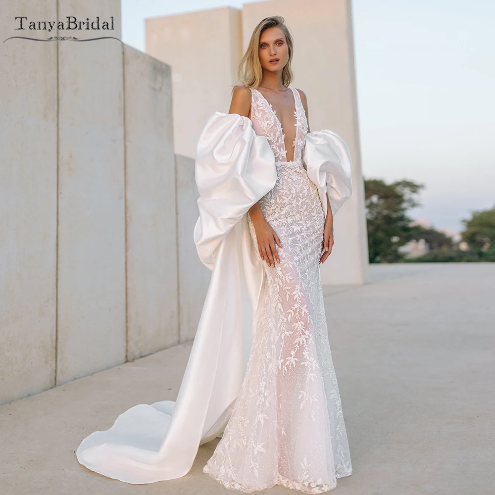 Mikado Satin Puffy Sleeved Cape Wedding Jacket With Train Elegant Charming Bridal Detachable Wrap Accessories DJ183