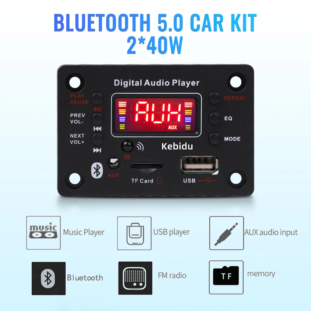 80W Amplifier Bluetooth 5.0 MP3 Decoder Board 7V-25V 12V MP3 Player Module Car FM Radio TF USB AUX Handsfree Call Recording