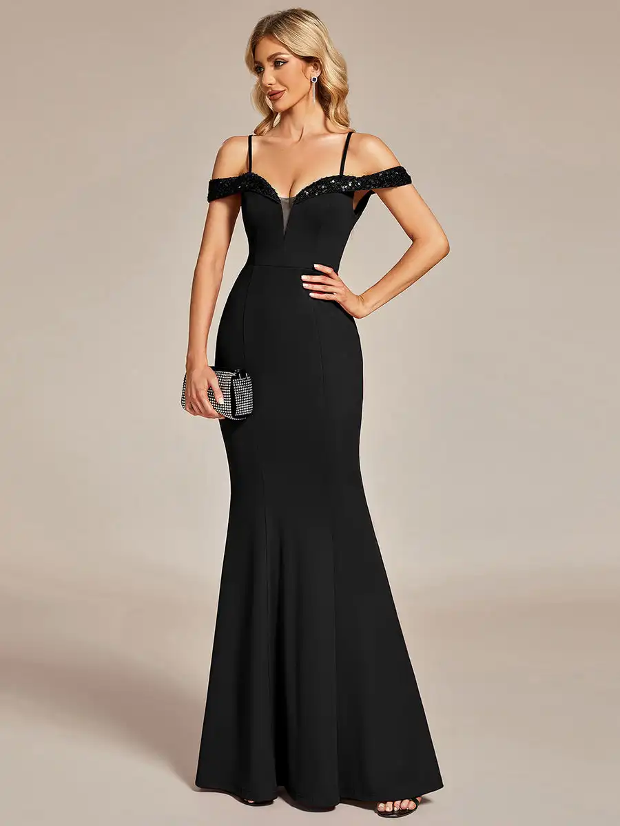 Elegant Evening Dresses new Off Shoulder Mermaid Sequin Detai Floor-Length 2024 of High Elasticity Black 2025 Bridesmaid dress