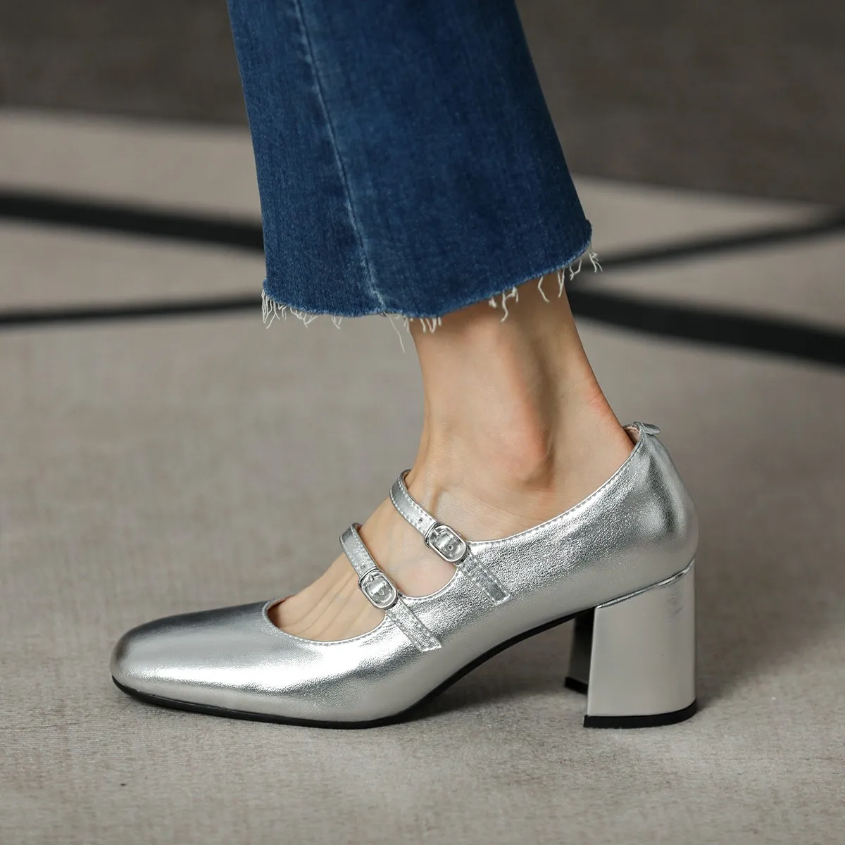 Women Pumps Mary Jane SquareToe Spring Atumn Patent Leather Pumps Two Straps Med Heel Elegant Women Round Toe Shoes