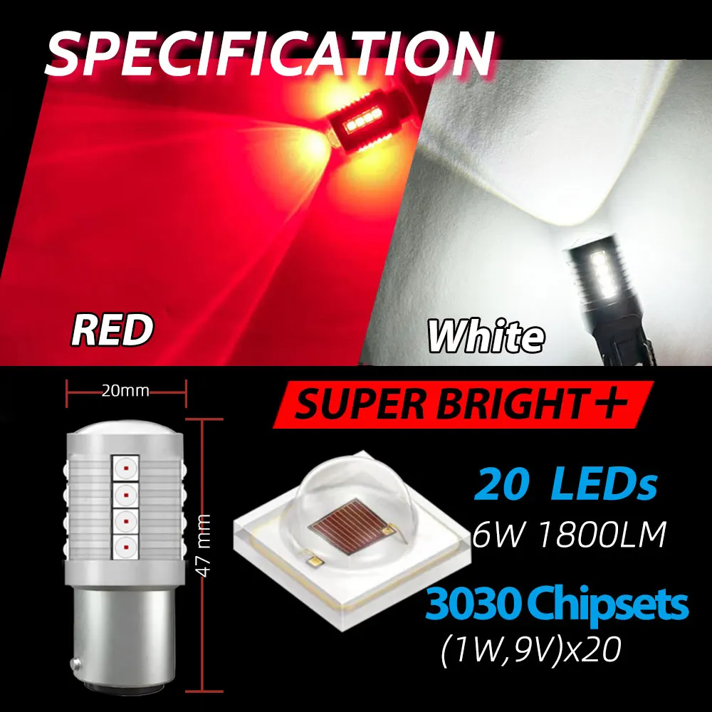 2PCS Super Bright 1800LM P21/5W BAY15D 1157 LED Bulbs P21W BA15S 1156 White Red Car Tail Brake Stop Lamp Reverse Back Up Light