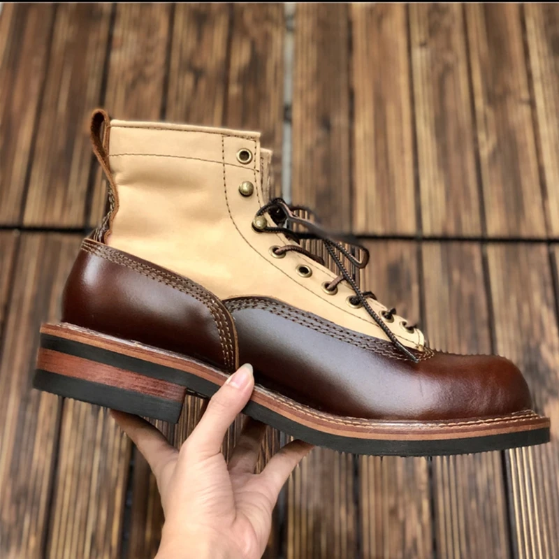 New Handmade Round Toe Vintage British Men White Cow Leather Shoes Autumn Winter Ankle Boots Work Tooling Motorcycle Boots Mixed
