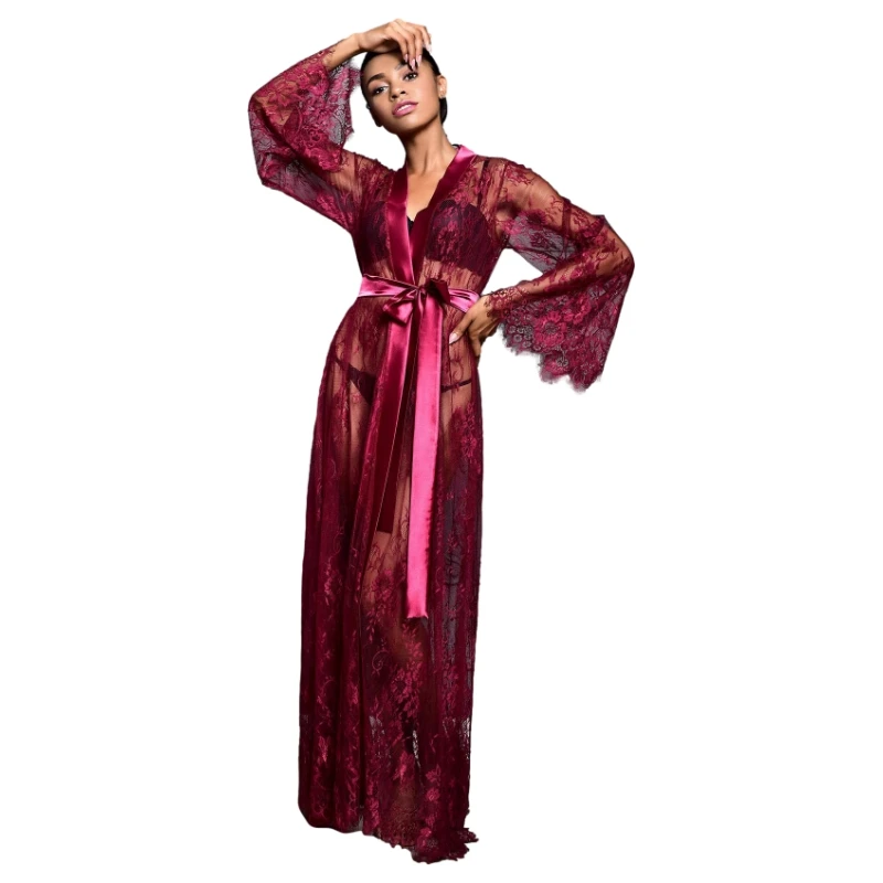 Bathrobe Women Femme Long new Sleeve Nightgowns Women Sexy Lace Wedding Bride Robes Bridesmaid 2025 Long Gowns Sheer Kimono Robe