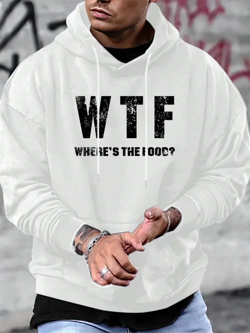 Men Slogan Where's The Food Letter Printing Hoodie Pocket Drawstring Pullovers Thermal Fleece Sweatshirts Autumn Casual Clothes