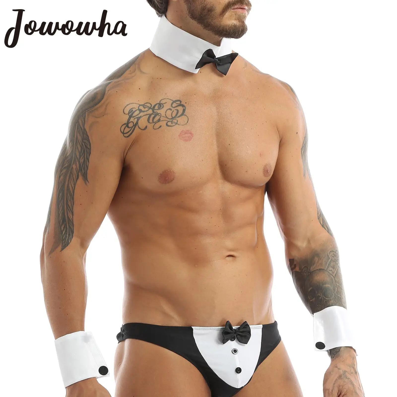 Mens Adult Collar and Cuff Set Waiter Lingerie Sexy Clubwear Gay Men Bow Tie Collar Bracelets Dancer Costume Cosplay Accessories