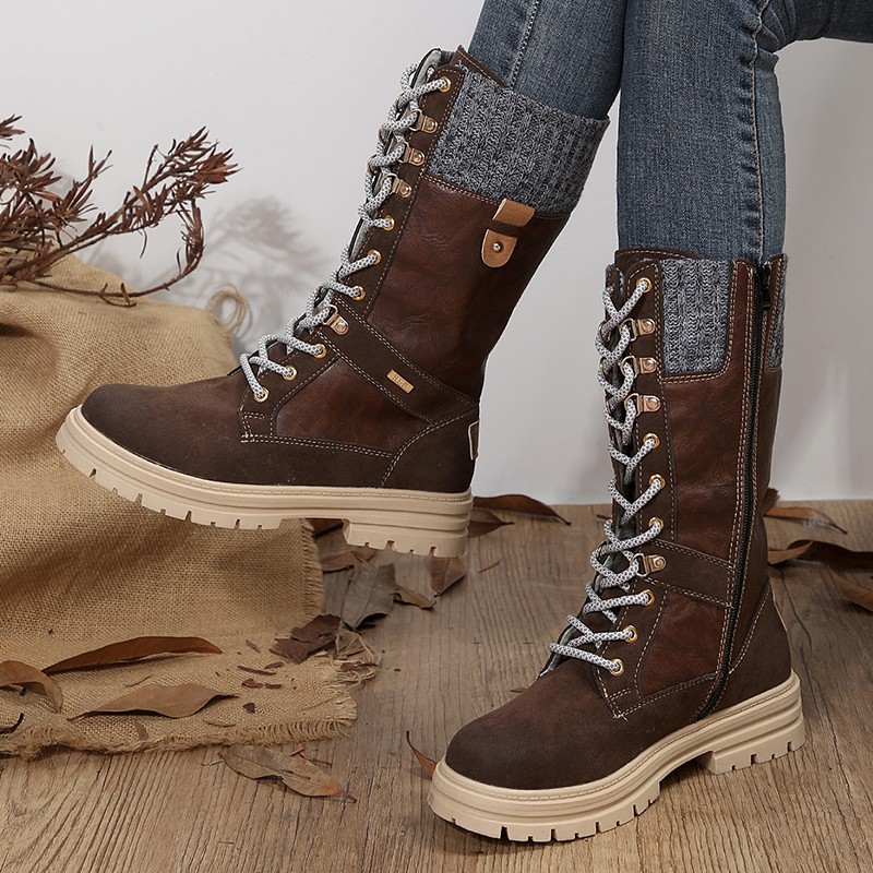 Patchwork Vintage Motorcycle Women Autumn Winter Lace Up Platform Mid Calf Boots New Woman Plus Size Non-Slip Riding Booties 92d3