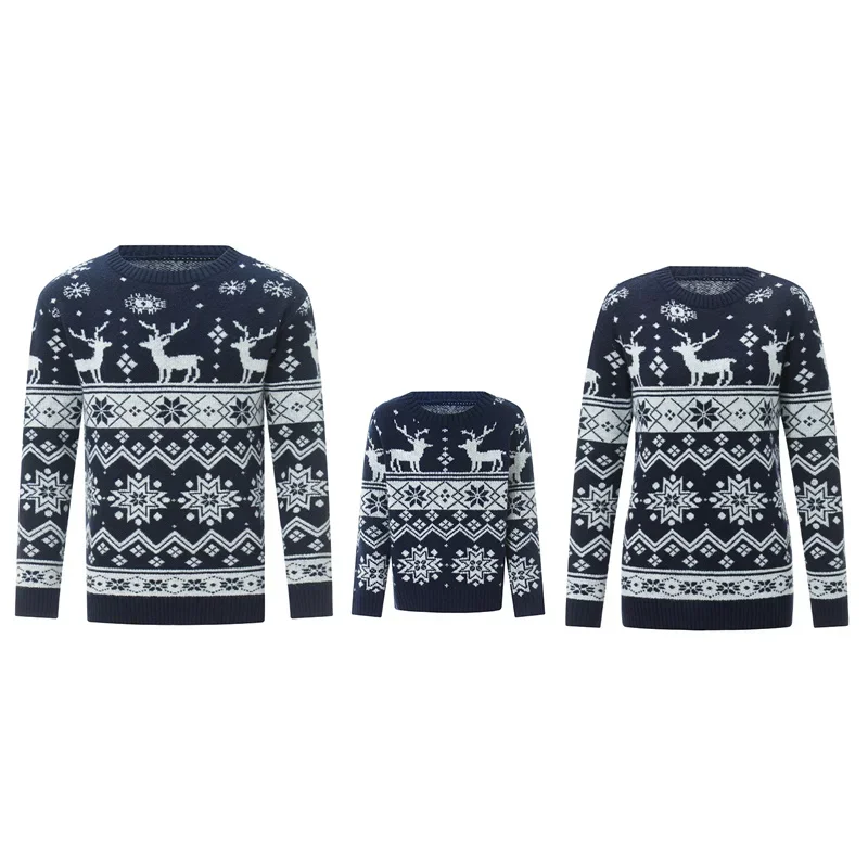 Family Christmas Sweater Winter Snowflake Print Warm Long Sleeve Round Neck Pullovers Knitted Tops Parent Child Outfit Tops
