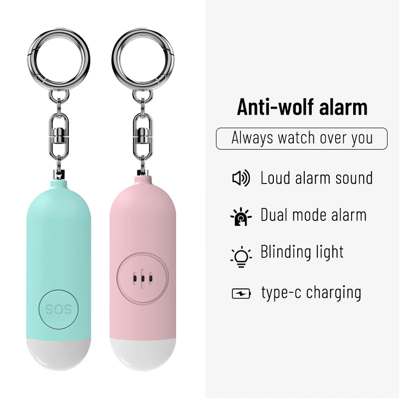 FUERS 130dB Self Defense Alarm with LED Light Rechargeable Women Kids Personal SOS Defense Safety Alarm Key Chain Emergency