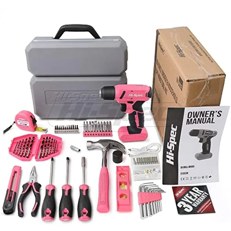 XMSJ toolbox for mechanics Hi-Spec 58pc Pink 8V USB Electric Drill Driver & Household Tool Kit Set