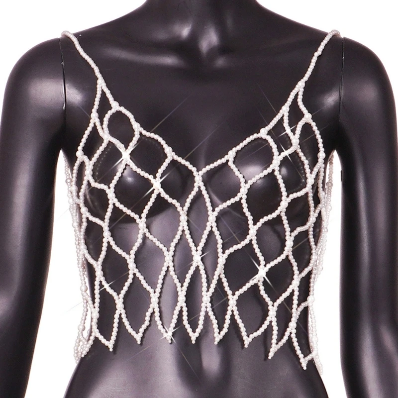 Delicate Beaded Crop Top for Woman Rhinestone/ Pearl Beaded Camisole Vest Sexy Body Chain Woman Seaside Party Decors