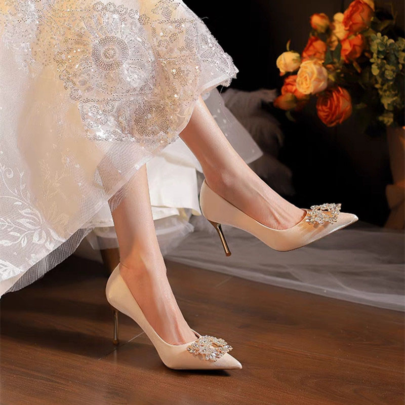 French-Style Wedding Bride Design Crystal Thin Heels Pumps Women Elegant Pointed Toe High-Heeled Woman Prom Shoes 4 8520c