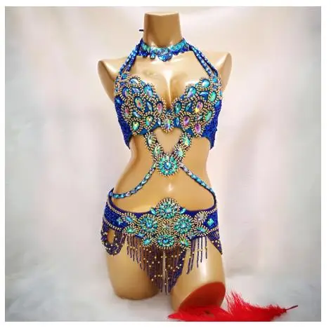 Belly Dance Costume Wear Bra+Belt+Necklace 3pc Set stage show wear Sexy Women Crystal Bellydancing Suit Bellydance Clothes