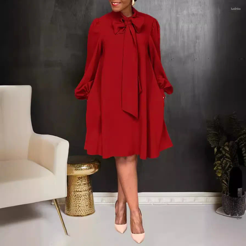 Casual Dresses Spring Summer Satin Lantern Sleeve Dress Women Fashion Solid Color Bow Neck Loose Fit Party Wedding Work Midi