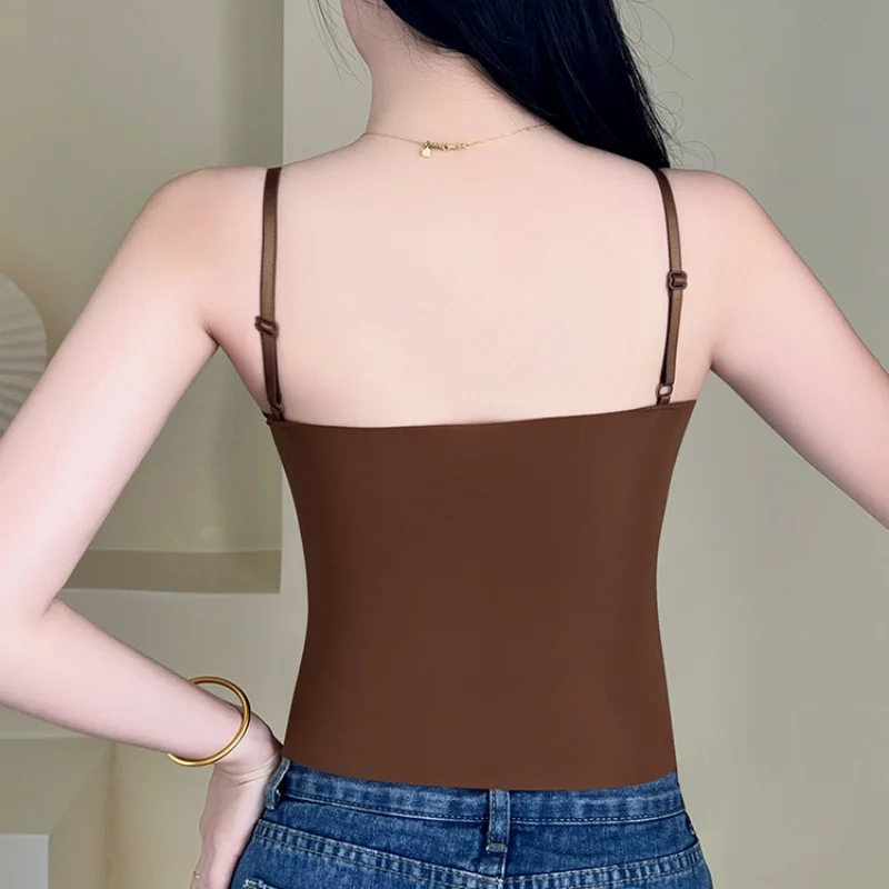 Summer Spaghetti Strap Ice Silk Camisole For Women Solid 2025 Push Up Crop Tops With Chest Pad Casual Soft new Tank Tops Built In Bra