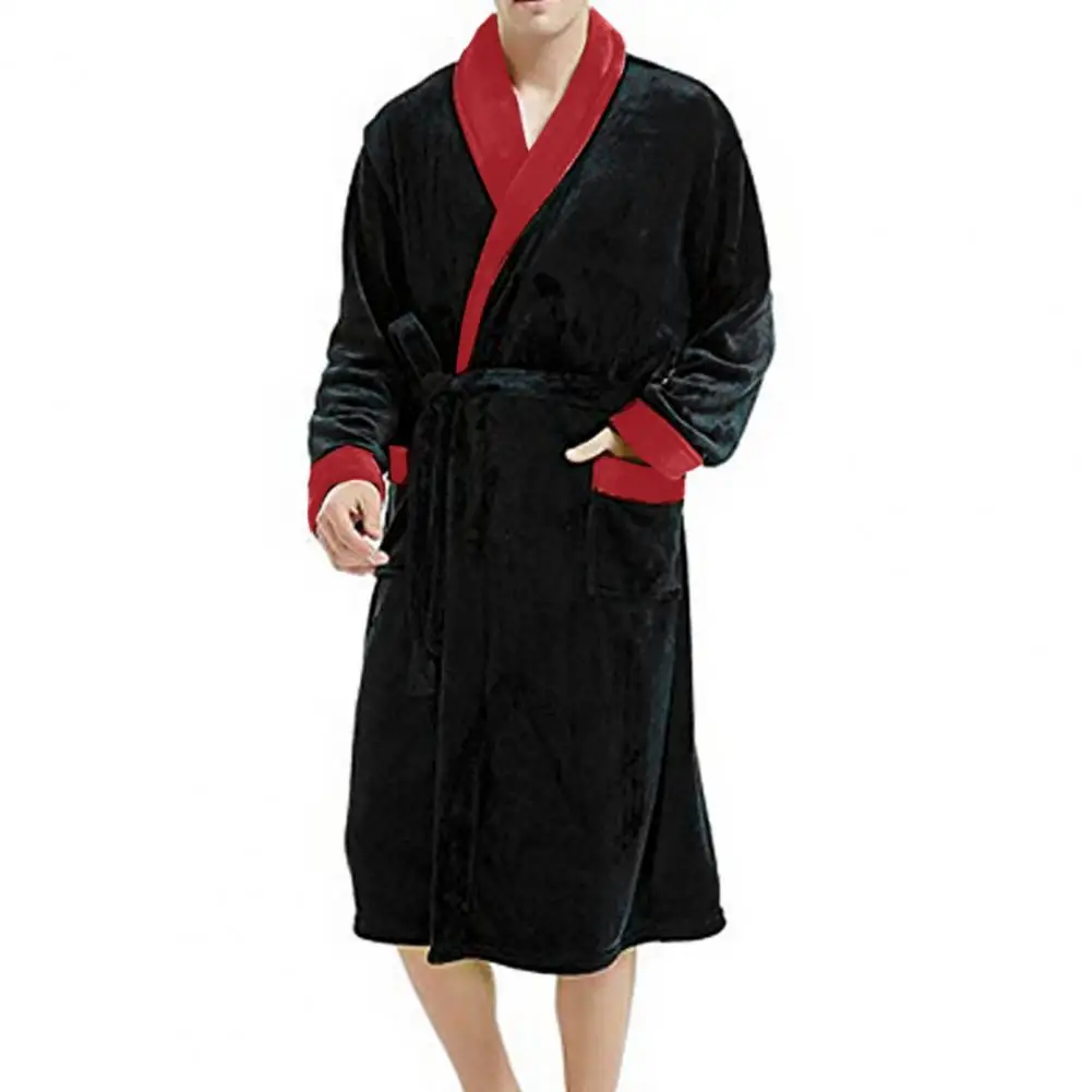 Men Winter Nightgown Thick Plush Print Coral Fleece Long Sleeve Tie Waist Pockets Homewear Sleepwear Robe Bathrobe