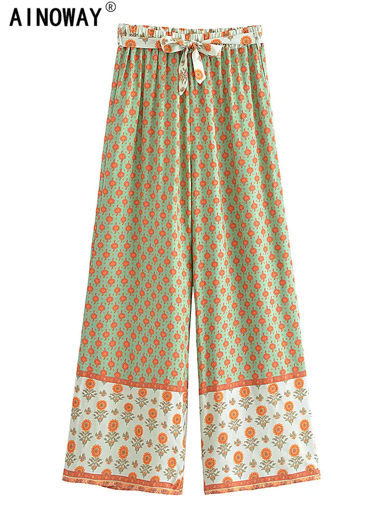 Vintage Chic new Women Floral Print Bohemian Wide Leg Pants Lady Gothic Elastic Waist Loose Rayon 2025 Boho Long Pants Oversize Trousers