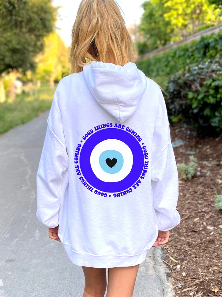 Good Things Are Coming Evil Eye Printing Women Hoodie Casual Comfortable Pullover Pocket Hip Hop Sweatshirt Street Style Clothes
