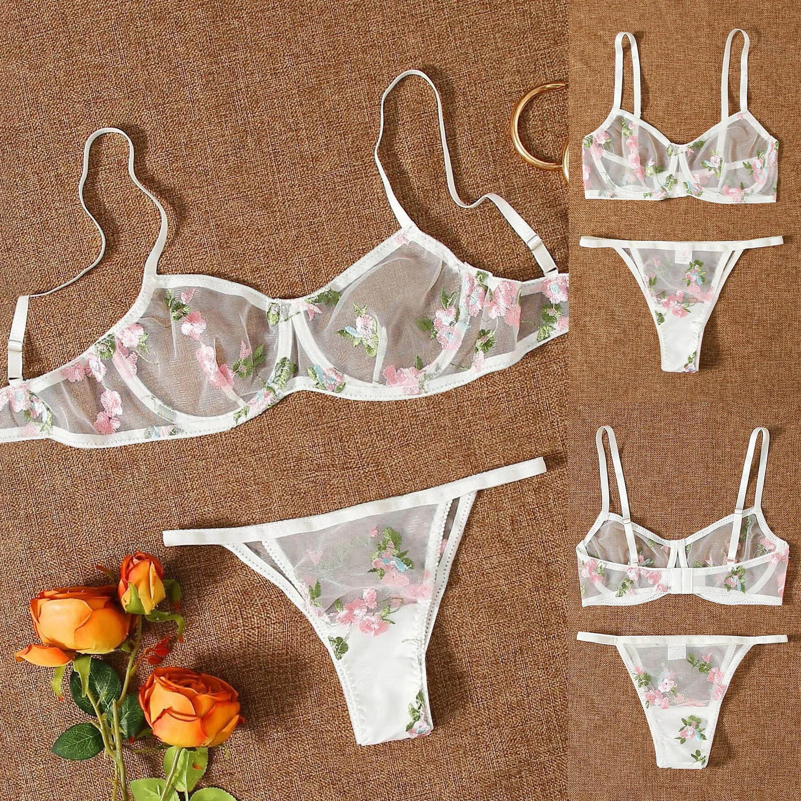 Mesh Pajama Sets For Women Ultra Thin Floral Print Nightwear Adjusted Straps Tops Low Rise Underwear Sleepwear Pyjama Pour Femme