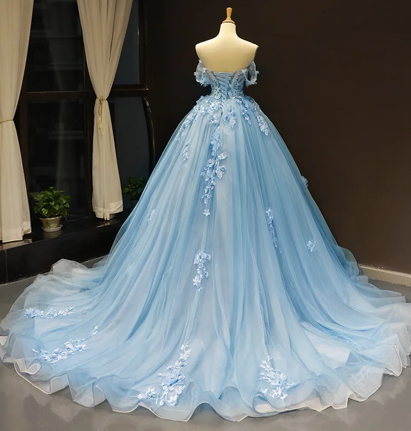 Light Blue Modest Quinceanera Dresses Ball Gown Sweetheart Off The Shoulder Lace Appliqued 3D Flowers Sweet 16 Dresses Prom Gown