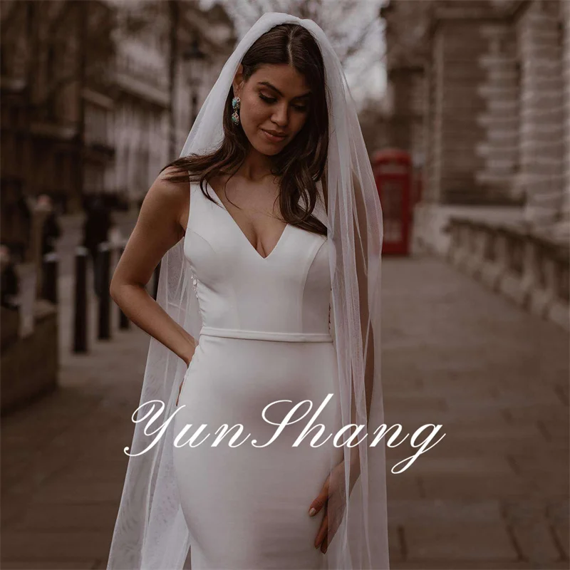 Yunshang Elegant Mermaid Wedding Dresses Women V-Neck Lace Open Back Spaghetti Straps Bridal Gown Sweep Train Vestidos De Novia