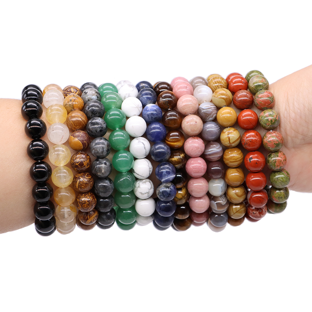Polished Round Beads Bracelet Natural Stones Tiger Eye Volcanic Lava Amethyst Healing Crystal Wrist Chain Women Men Jewelry